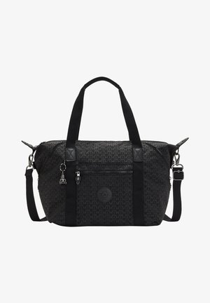 Sac fourre-tout en tissu noir avec un motif géométrique, fermeture éclair, deux poignées supérieures, une bandoulière amovible et une poche zippée sur le devant.