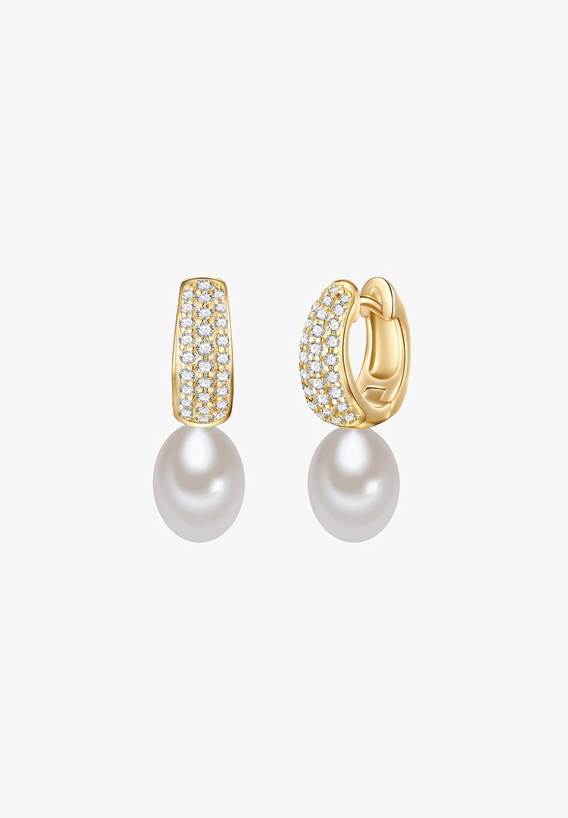 Zelta tonī auskari ar teksturētu gredzenu, rotātu ar caurspīdīgiem kristāliem un lielu, gludu, baltu pērli.