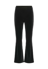 Pantalons taille haute en velours noir avec une jambe légèrement évasée et une taille élastique, présentés sur un fond blanc uni.