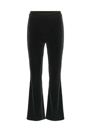 Pantalons taille haute en velours noir avec une jambe légèrement évasée et une taille élastique, présentés sur un fond blanc uni.