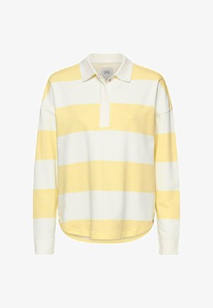 Długorękawowa koszulka polo w żółto-białe paski, z kołnierzykiem i plisą, wykonana z miękkiego materiału, z zaokrąglonym dołem i mankietami na rękawach.