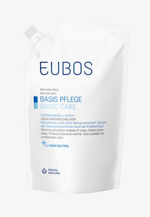 EUBOS Flüssigwasch-Emulsion Beutel, weißer Kunststoff mit blauer Schrift. Verfügt über ein nachfüllbares Design und einen Schraubverschluss für eine bequeme Dosierung.