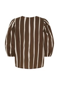 Brun og hvid stribet bluse med puffede ærmer, rund halsudskæring og samlede manchetter. Lavet af et letvægtsstof.