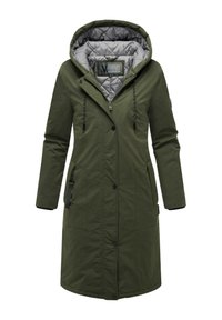 Olive green long coat with a hood, quilted gray lining, front zipper, two side pockets, and drawstring accents. Made from durable fabric.