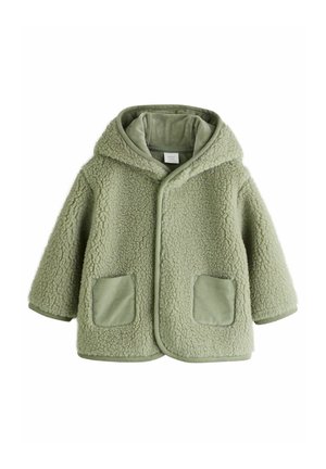 Miękka, jasnooliwkowa kurtka dla malucha z kapturem, dwoma przednimi kieszeniami i teksturowaną tkaniną polarową.