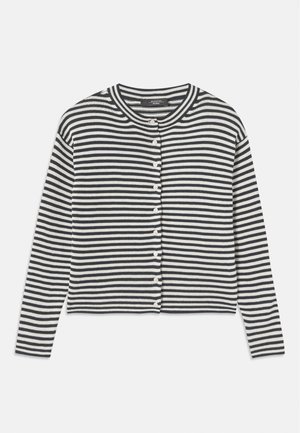 Gilet rayé à manches longues, en tissu tricoté. Présente des rayures bleu marine et blanches, un col rond et une fermeture à boutons sur le devant.