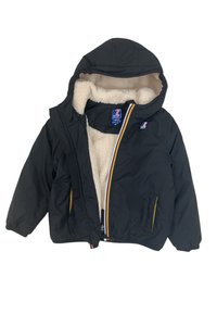 Giacca a hood per bambini nera con foderatura in felpa beige, rifiniture colorate della zip e tasche frontali, taglia 4 anni.