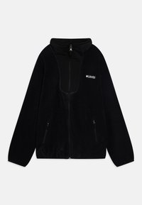 Veste en polaire noire avec un col haut, fermeture éclair à l'avant, deux poches latérales zippées et un logo sur la poitrine gauche. Texture douce.