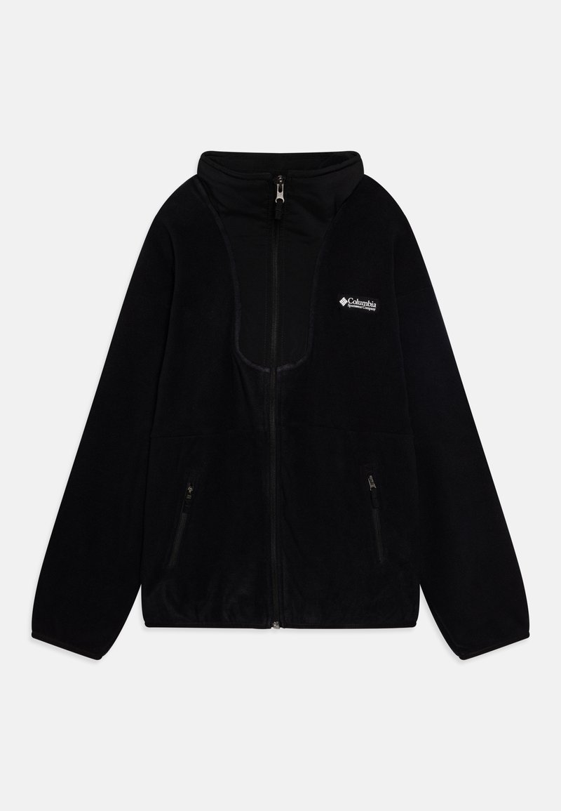 Veste en polaire noire avec un col haut, fermeture éclair à l'avant, deux poches latérales zippées et un logo sur la poitrine gauche. Texture douce.