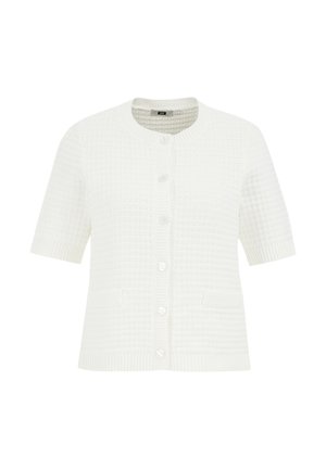 Korte mouwen, witte cardigan van textuurgebreid stof. Heeft een ronde halslijn, knoopsluiting aan de voorkant en twee voorzakken.