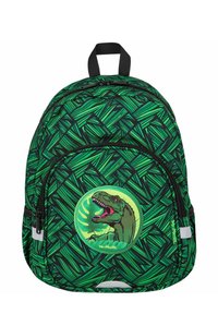 Green patterned backpack with a dinosaur graphic, featuring a round patch, zipper closure, and dual adjustable straps.