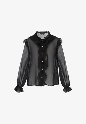 Sort gennemsigtig bluse med flæset krave og frontdetalje, lange ærmer med flæset manchetter og knaplukning foran.