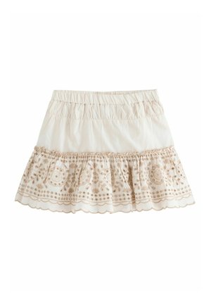 Lichtbeige rok met een elastische tailleband, met een gerimpelde zoom en ingewikkelde bloemenborduursel in een donkere beige kleur.