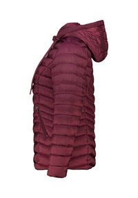 Veste matelassée bordeaux avec capuche, poche latérale zippée et design matelassé horizontal. Légère, texture lisse.
