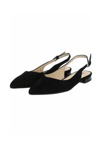 Scarpe slingback in suede nero con punta affilata e tacco basso. Presentano un cinturino regolabile e una fodera interna liscia.