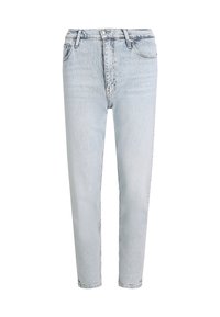 Jeans de denim azul claro, de tiro alto y corte ajustado, con cinco bolsillos, cierre de botón frontal y un ligero desgaste para textura.