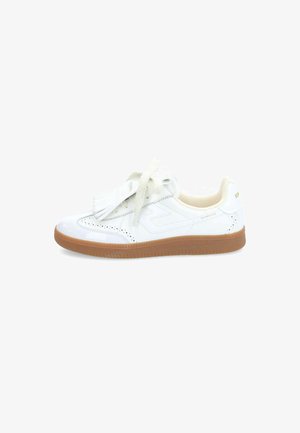 White leather sneaker with textured accents, perforated detailing, and a light brown sole. Features flat laces and a padded collar.