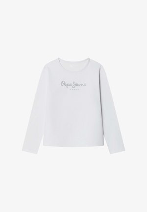 Wit shirt met lange mouwen en ronde hals met de tekst "Pepe Jeans London" in zilveren glinsterende letters op de borst.
