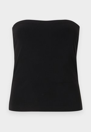 Haut noir ajusté sans bretelles avec un décolleté droit et un tissu lisse sur fond blanc.