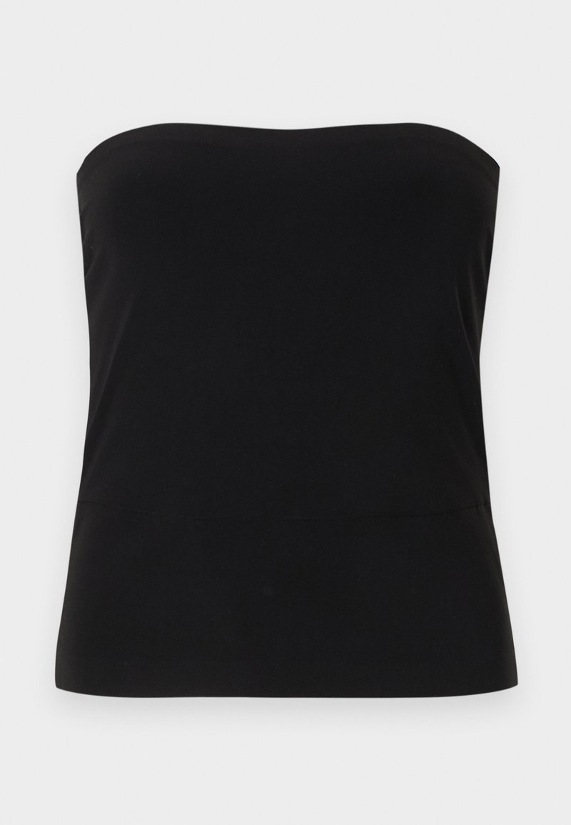 Haut noir ajusté sans bretelles avec un décolleté droit et un tissu lisse sur fond blanc.