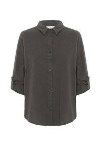 Chemise gris foncé à manches longues avec boutons, manches retroussées et col pointu, vue de face sur un fond blanc.