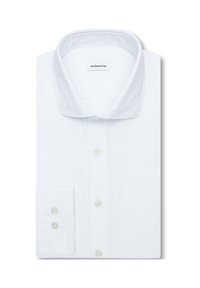 Chemise blanche à manches longues avec poignets boutonnés, col classique et étiquette de marque à l'intérieur du col.