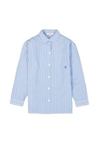 Blaue Button-up-Hemd mit vertikalen Streifen in Hellblau und Weiß. Verfügt über eine Brusttasche und ein kleines blaues Logo auf der linken Seite.