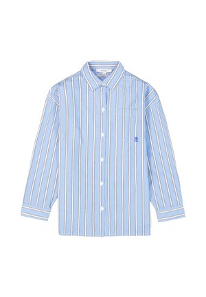 Camisa de botones azul con rayas verticales en azul claro y blanco. Presenta un bolsillo en el pecho y un pequeño logo azul en el lado izquierdo.