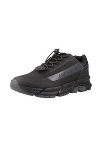 Scarpe sportive nere con una superficie testurizzata, caratterizzate da un design elegante, lacci elastici e una suola ammortizzata. Nome del marchio "AMHIBIOX" visibile.