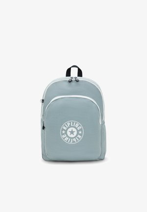 Light blue backpack with a textured finish, dual zippered compartments, white piping, and a circular logo with a star on the front.