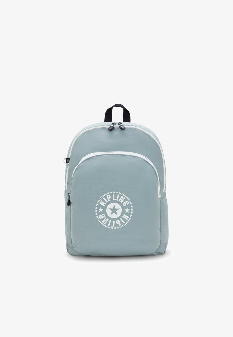 Light blue backpack with a textured finish, dual zippered compartments, white piping, and a circular logo with a star on the front.