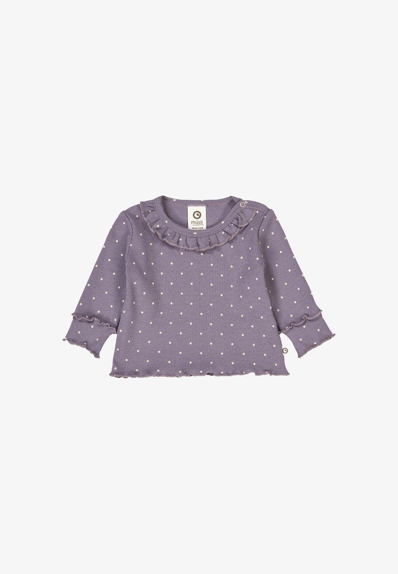 Purple long-sleeve top with a ruffled neckline, white polka dots, and scalloped cuffs. Features a side button for easier dressing.