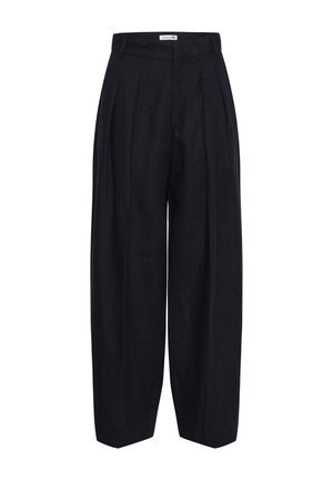 Mustad kõrge vöökohaga laia säärega püksid, esiplokid, vööaasad ja peidetud esikinnitus, esitatud valgel taustal.