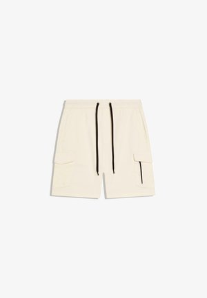 Beige cargoshorts met elastische tailleband, zwarte trekkoorden, zijzakken en een met rits afsluitbare zak op het rechterbeen.
