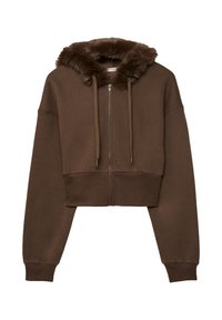 Bruine cropped zip-up hoodie met een nepbont gevoerde capuchon, trekkoorden en geribbelde boorden. Zachte textuur met een ontspannen pasvorm.