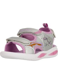 Silberne und rosa Sandalen mit verstellbaren Riemen, Obermaterial aus Netzgewebe, Einhorn-Design und gepolsterter Sohle für Komfort. Leicht und atmungsaktiv.