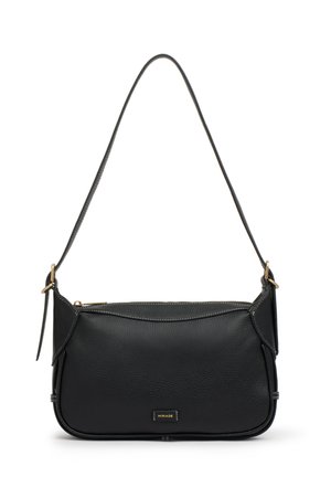 Borsa a tracolla in pelle nera strutturata con cerniera dorata e tracolla regolabile, con etichetta "MIRIADE" sulla parte frontale.