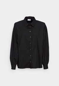 Black long-sleeve shirt, button-down front, collar design, made from smooth fabric, features gathered cuffs and a relaxed silhouette.