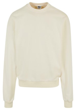 Cremfarbener Sweatshirt aus weichem Stoff mit Rundhalsausschnitt, langen Ärmeln sowie gerippten Bündchen und Saum. Keine Muster oder Grafiken.