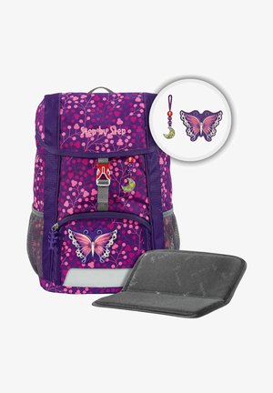 Purple backpack with pink leaf patterns, butterfly design, reflective strip, front pocket, and side mesh pockets; includes gray storage pad.