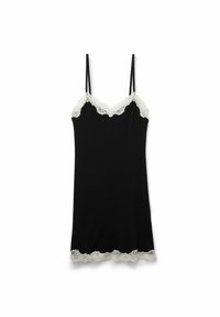 Camisola nera con pizzo lungo il collo e l'orlo, dotata di spalline sottili regolabili e una texture liscia e morbida.