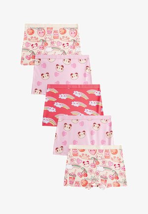 Vijf paar katoenen shorts in roze tinten, met patronen van panda's, harten, fruit, regenbogen en wolken op zachte, rekbare stof.