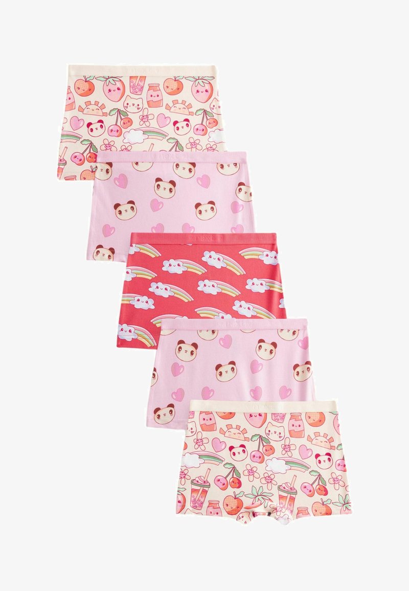 Cinque paia di pantaloni corti di cotone in tonalità di rosa, con motivi di panda, cuori, frutti, arcobaleni e nuvole su un tessuto morbido ed elastico.
