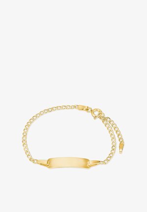 Pulsera dorada con una placa central suave y curva, diseño de cadena enlazada y cierre ajustable, que enfatiza la textura y el acabado metálico.