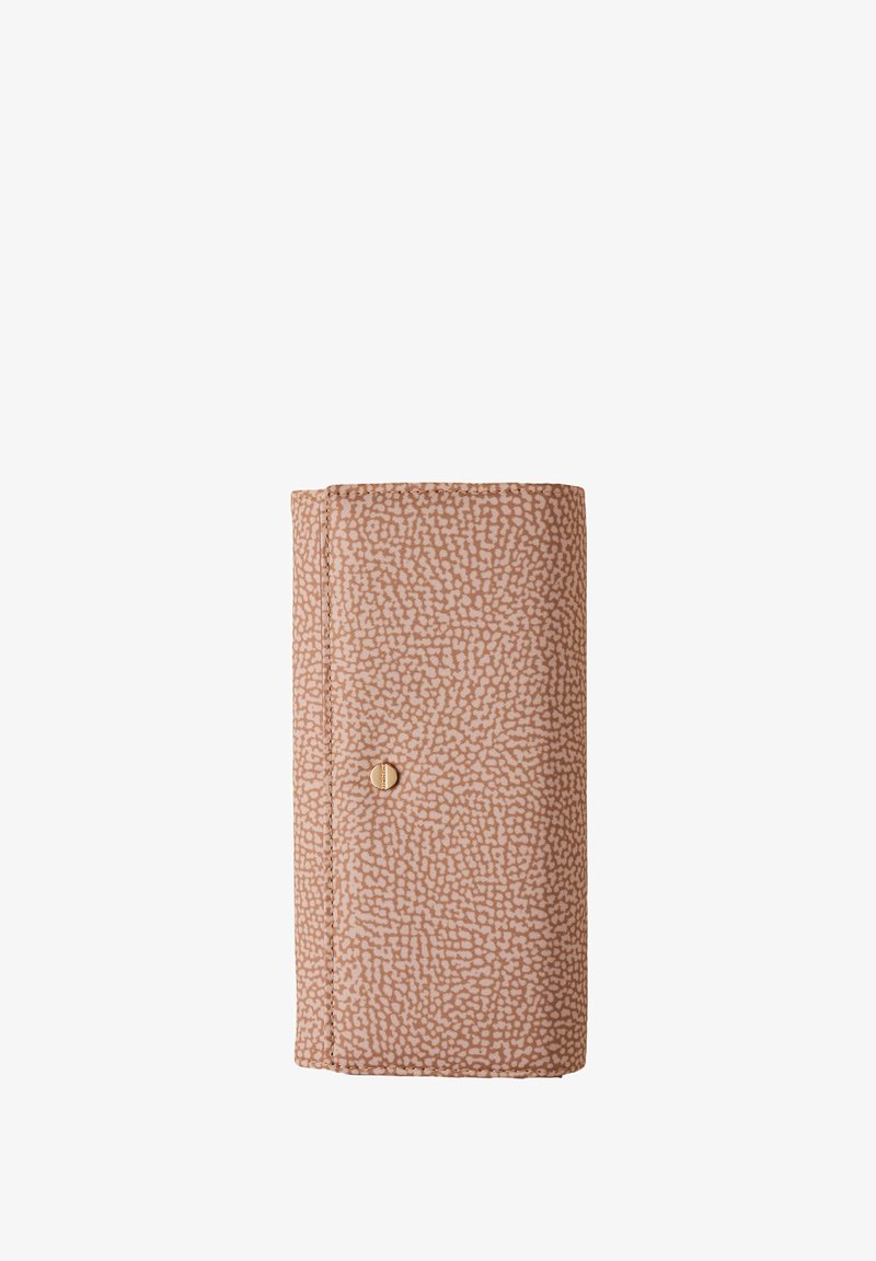 Rectangular tan wallet with a textured pattern and a small circular gold button closure on a white background.