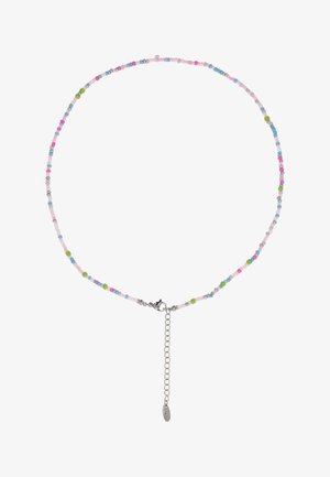 Delikat halskæde med små perler i pastelfarver som lyserød, grøn, blå og grå, med en sølvjusterbar kæde og lås.