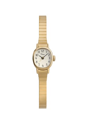 Náramkové hodinky Timex ve zlatavém tónu s bílým ciferníkem, černými arabskými číslicemi, třemi ručičkami a spojeným kovovým tahovým páskem.