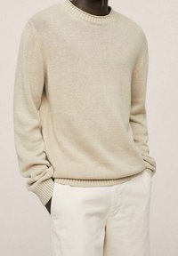 Beiger, gestrickter Pullover mit einem gerippten Rundhalsausschnitt und langen Ärmeln, ausgestattet mit einem strukturierten Stoff und einer lockeren Passform, kombiniert mit hellen Hosen.