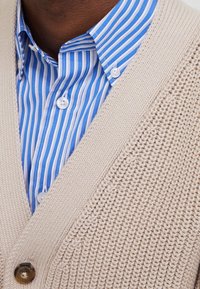 Beżowy sweter z dzianiny z dekoltem w serek, z dużym brązowym guzikiem, noszony na niebiesko-białą koszulę w paski z kołnierzykiem.