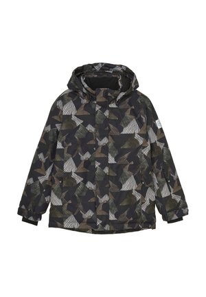 Veste à capuche avec un motif géométrique dans des nuances de vert foncé, beige et gris. Fabriquée en matériau imperméable avec des poignets élastiques et des poches.